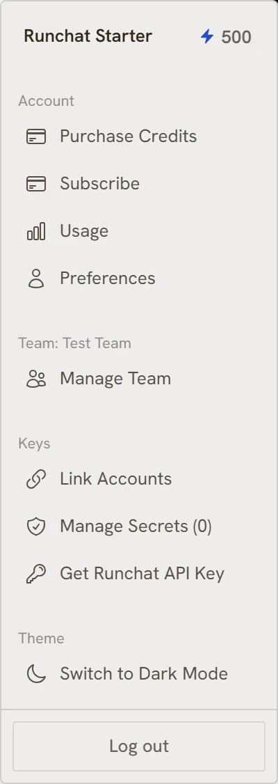 The account menu showing plan, credits, and links to billing, team, and key management