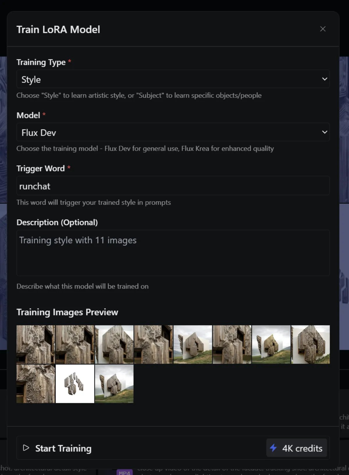 The Train LoRA dialog with style/subject, model, trigger word, and description fields