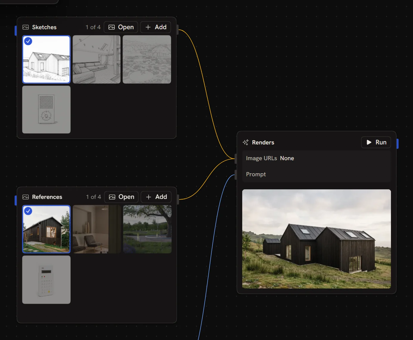 Two collections, Sketches and References, each with one selected image, connected to a Renders node