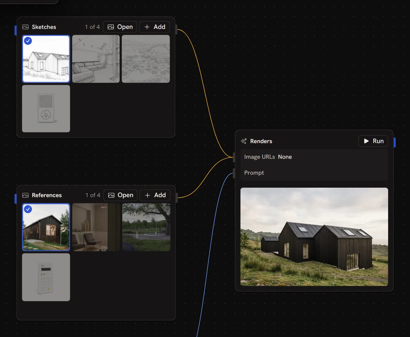 Two collections, Sketches and References, each with one selected image, connected to a Renders node