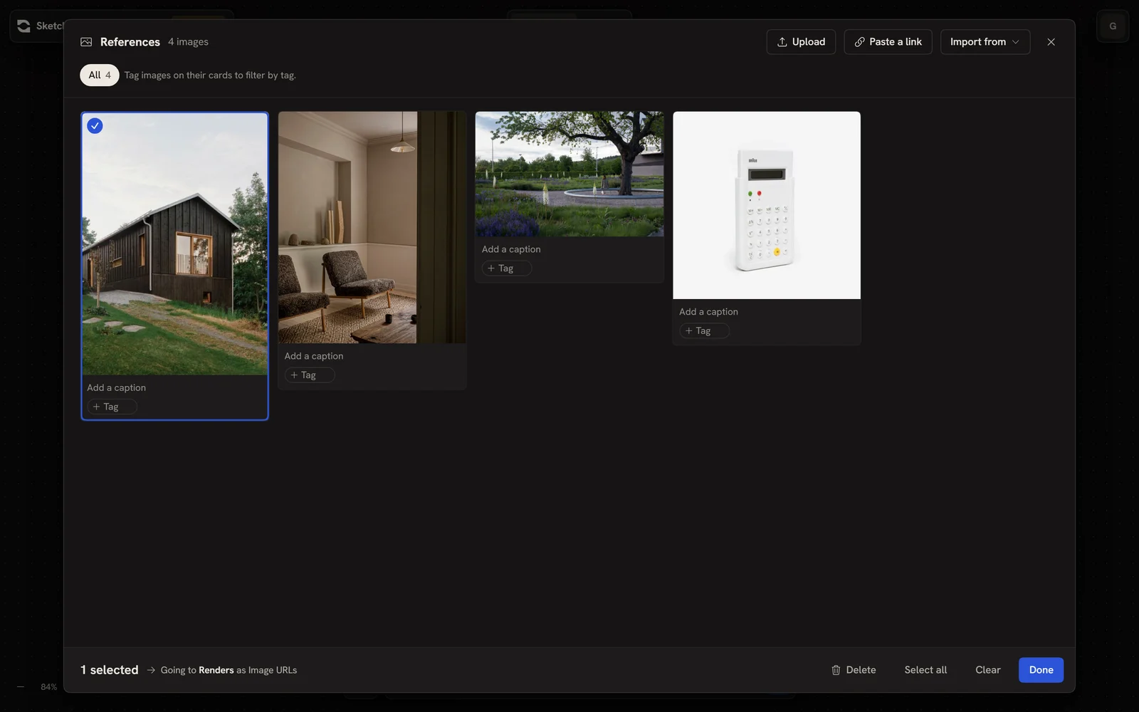 The References collection open full size with one image selected, and a footer reading 1 selected, going to Renders as Image URLs