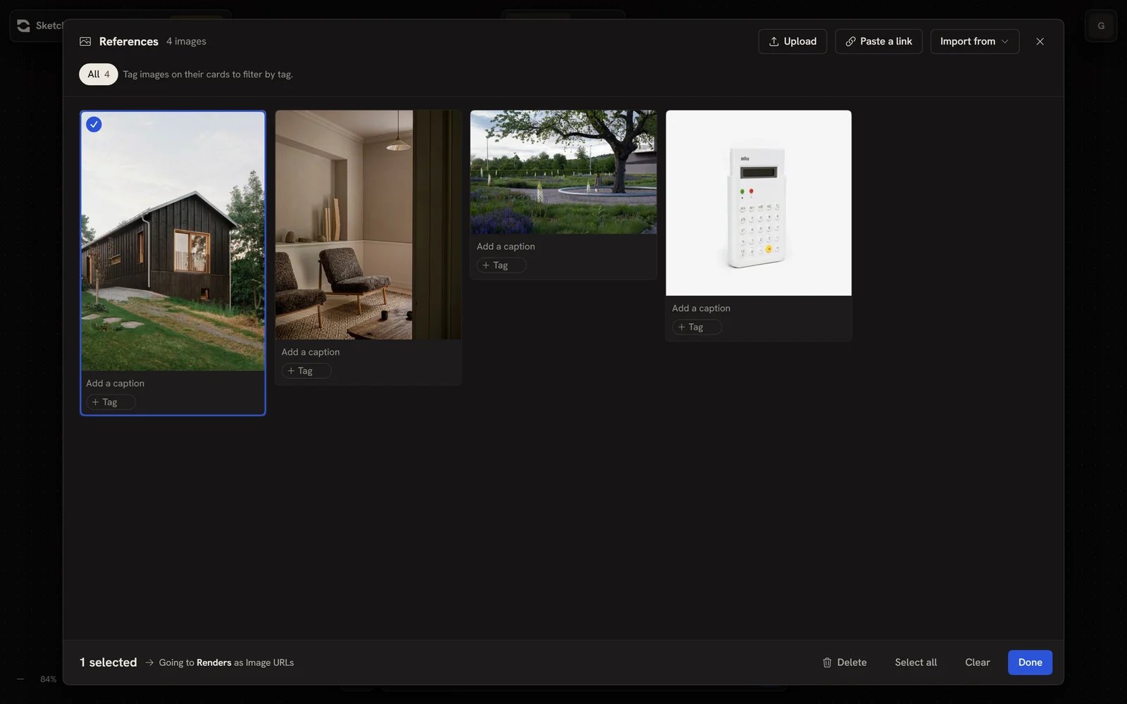 The References collection open full size with one image selected, and a footer reading 1 selected, going to Renders as Image URLs