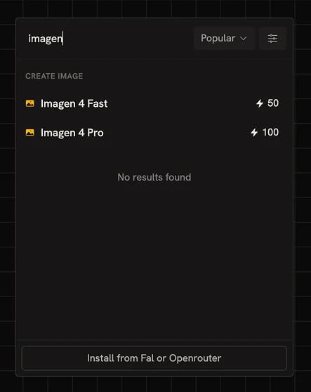Adding an Imagen 4 Fast Create node from the search menu