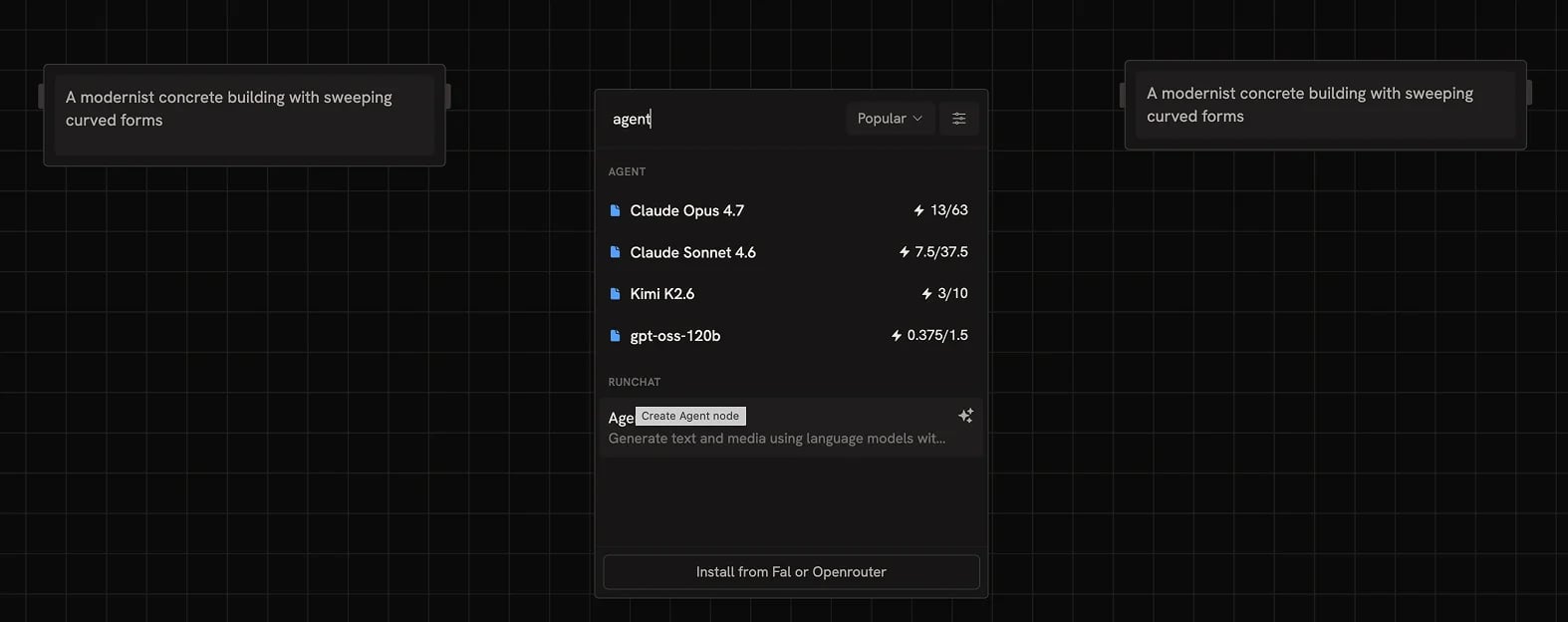 Agent node placed between the Input and the Create node