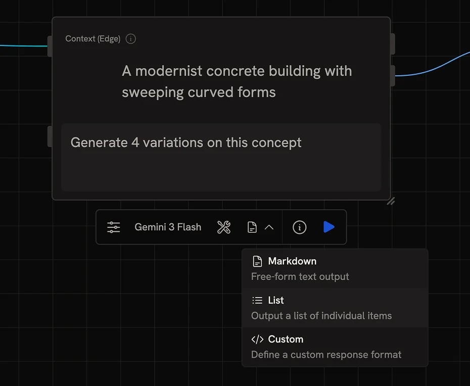 Three-node workflow with Input, Agent set to list output, and Create