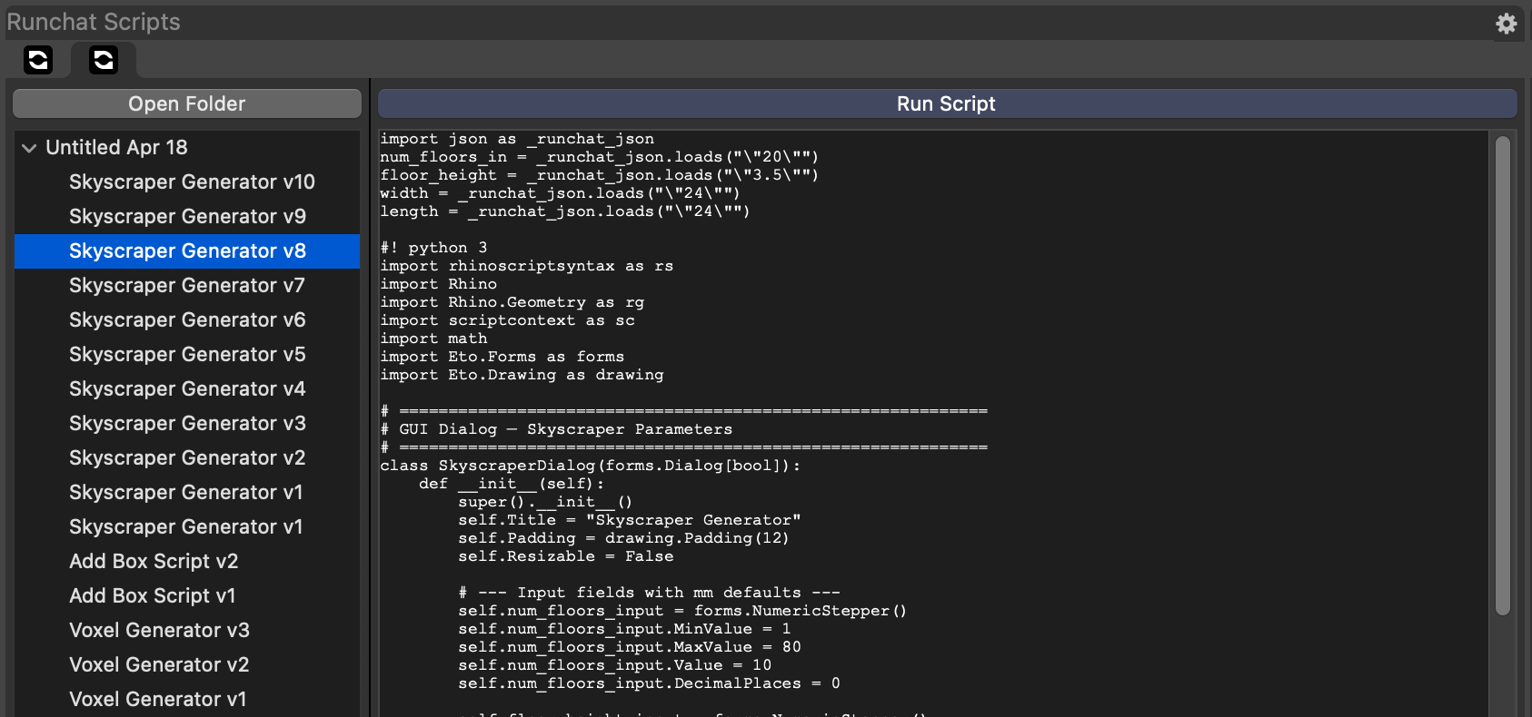The RunchatScripts panel in Rhino