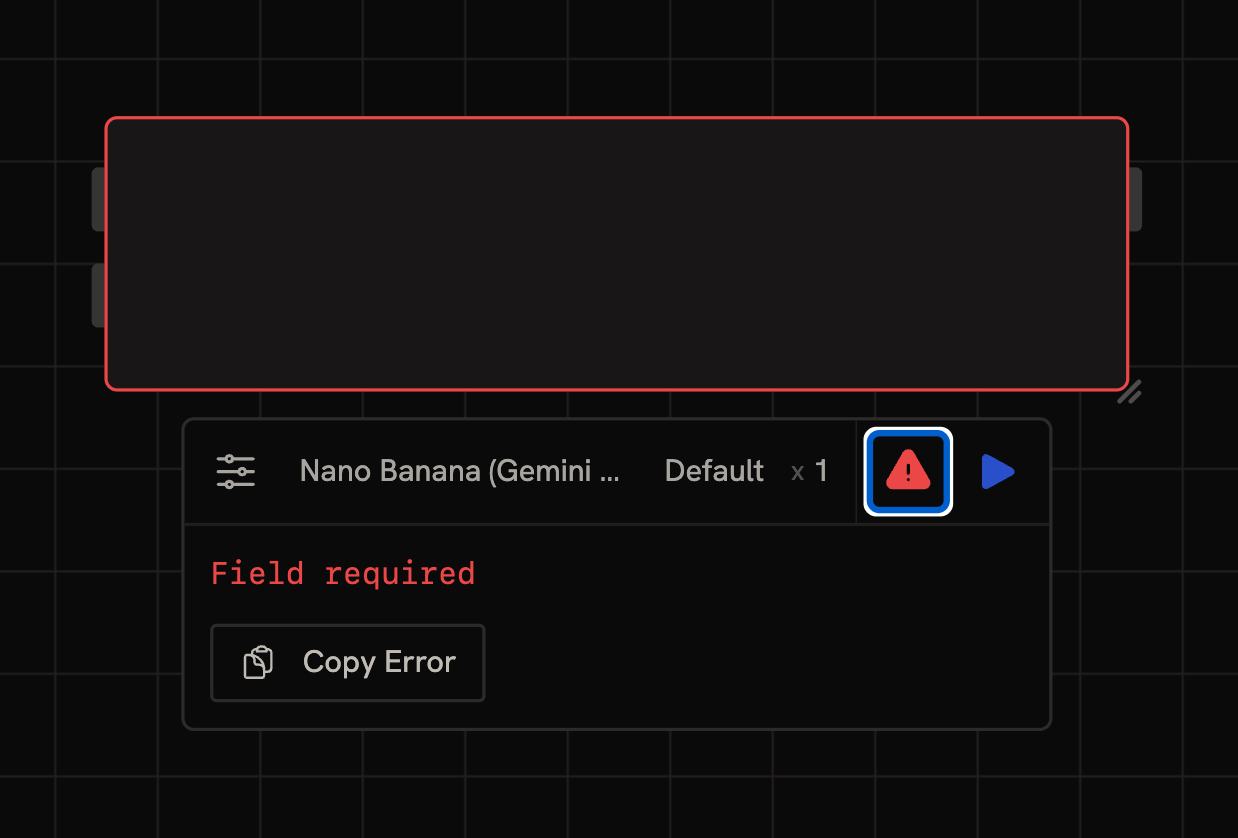 A node with a red border and the info panel showing an error