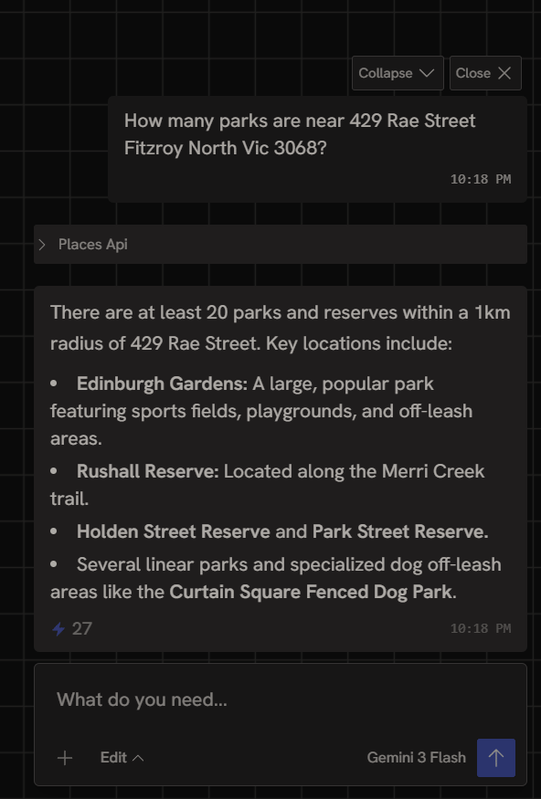 Agent using the Places tool to answer a query
