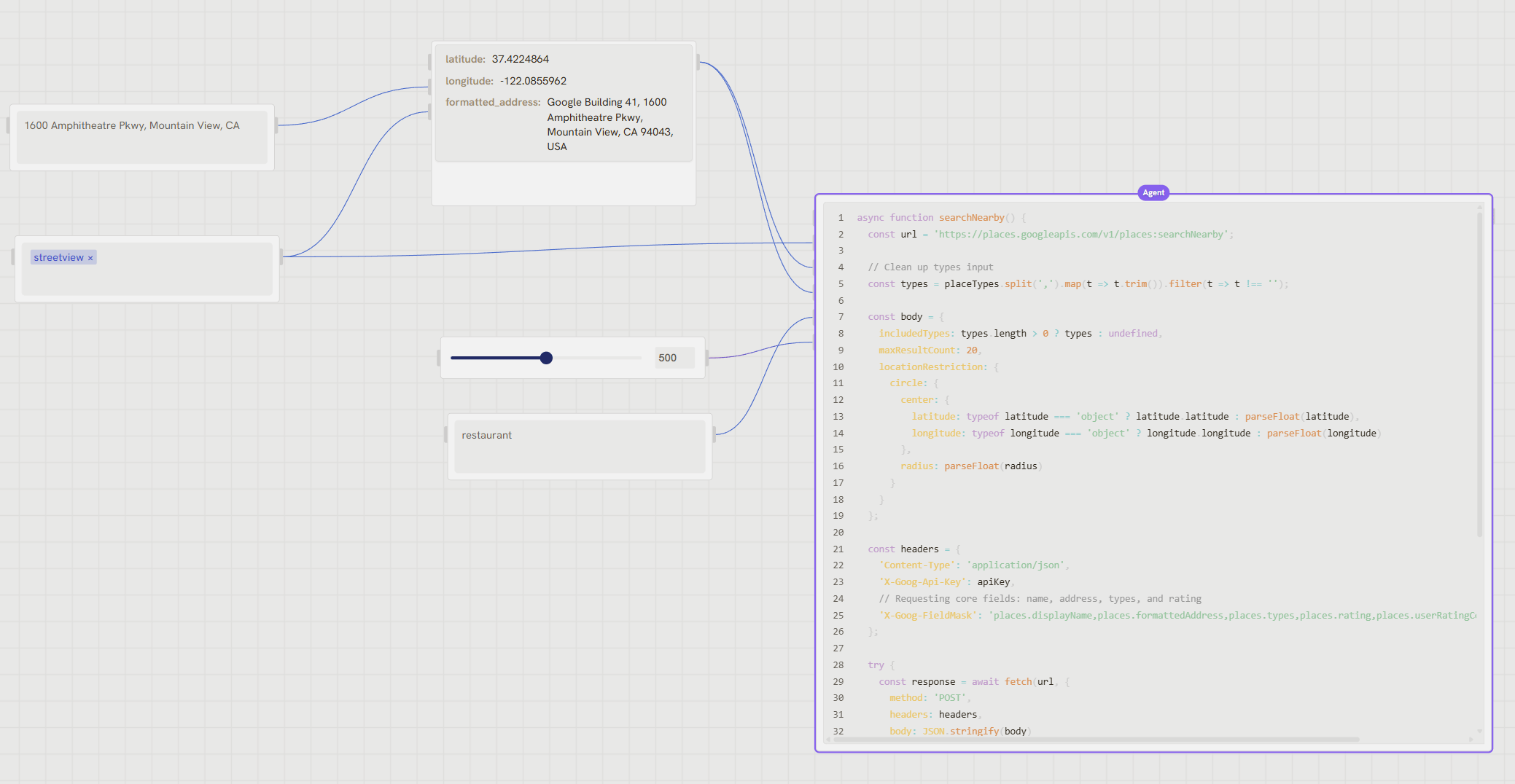 Geocoding node converting address to lat/long