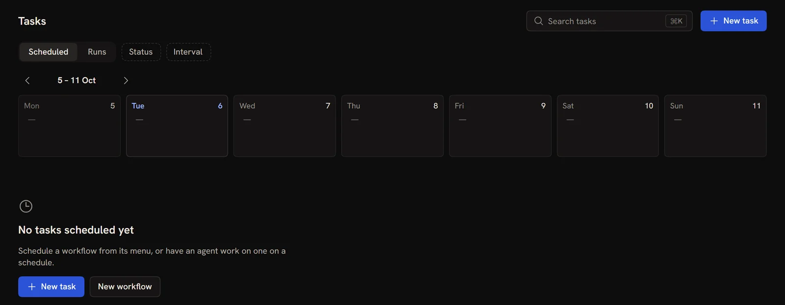 The Agents page in the Scheduled view, with the week strip above the list of scheduled agents