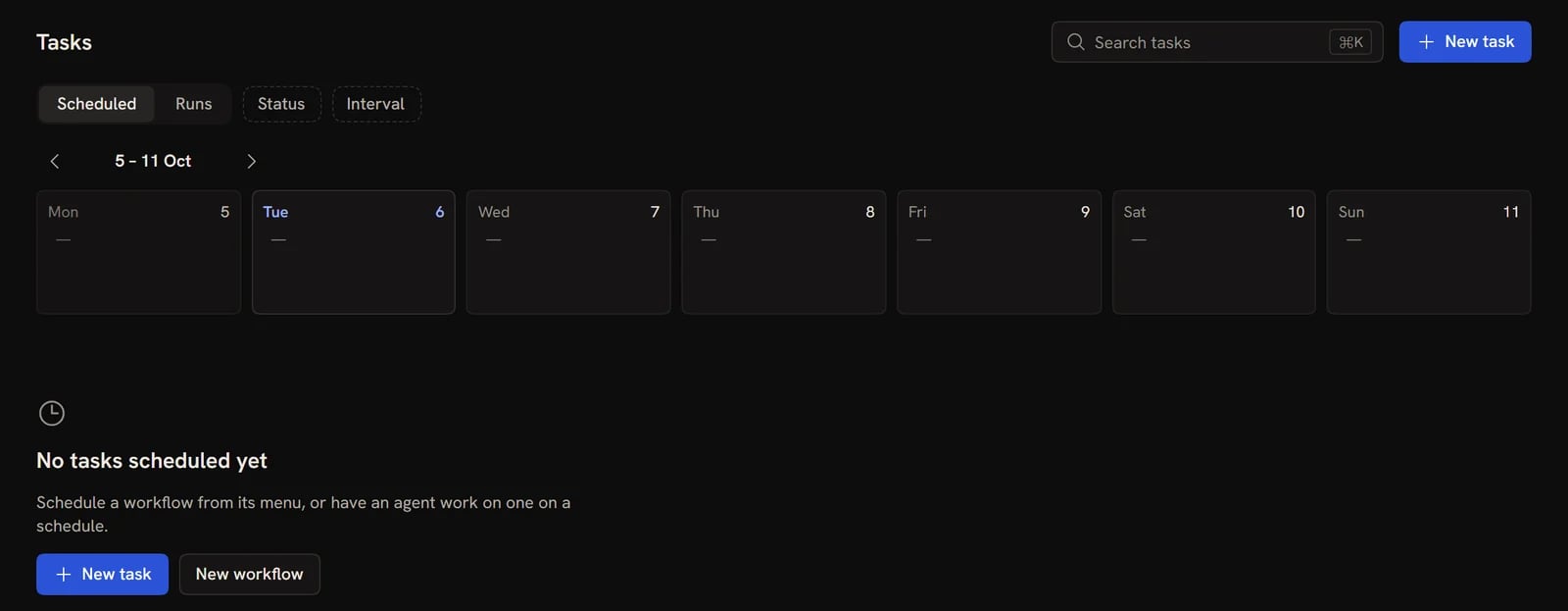 The Agents page in the Scheduled view, with the week strip above the list of scheduled agents