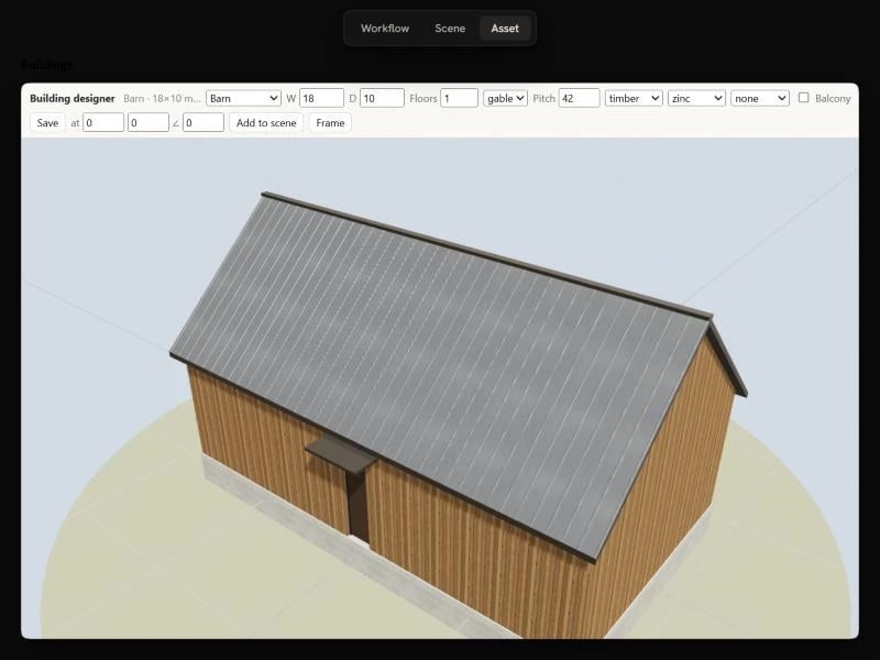 A building designer app open in the Asset view, with controls for type, size, roof and cladding above a 3D preview