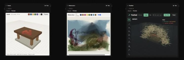 Three apps on the canvas: a voxel modeller, a watercolour painter and a structural field tool