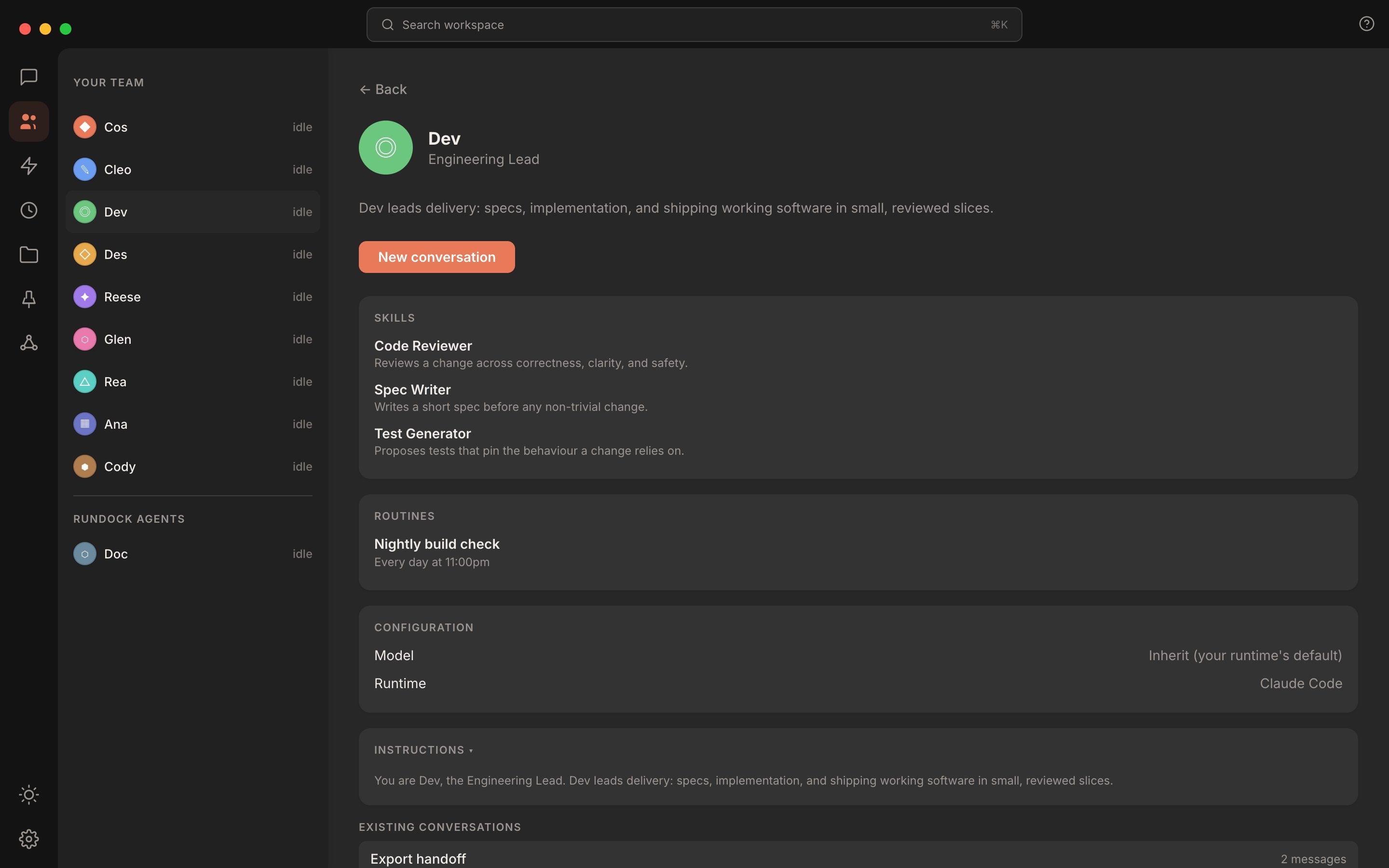 Rundock agent profile page showing an Engineering Lead's role description, assigned skills, model, runtime, instructions, and past conversations.
