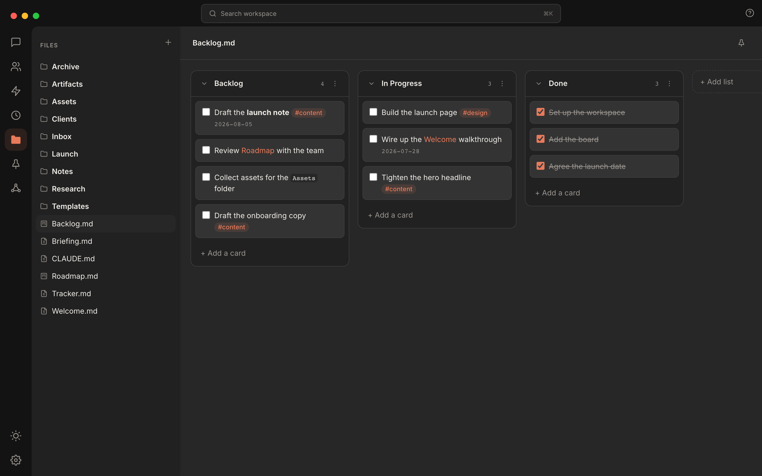 Rundock Kanban board open in the main pane: columns of cards with checkboxes, a tagged card, and ticked cards struck through in the last column.