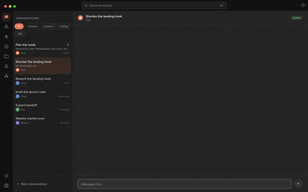 Rundock conversation: the user asks the orchestrator to shorten a landing hook, the orchestrator says it is handing the work to the Content Lead, and the Content Lead's reply streams in.