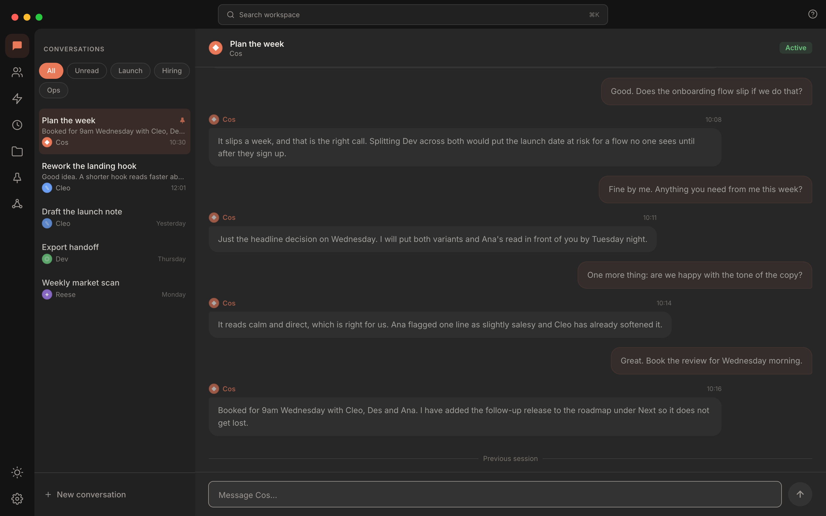 Rundock conversations view: a sidebar listing several conversations with filter pills and a pinned thread at the top, and an open conversation thread on the right.