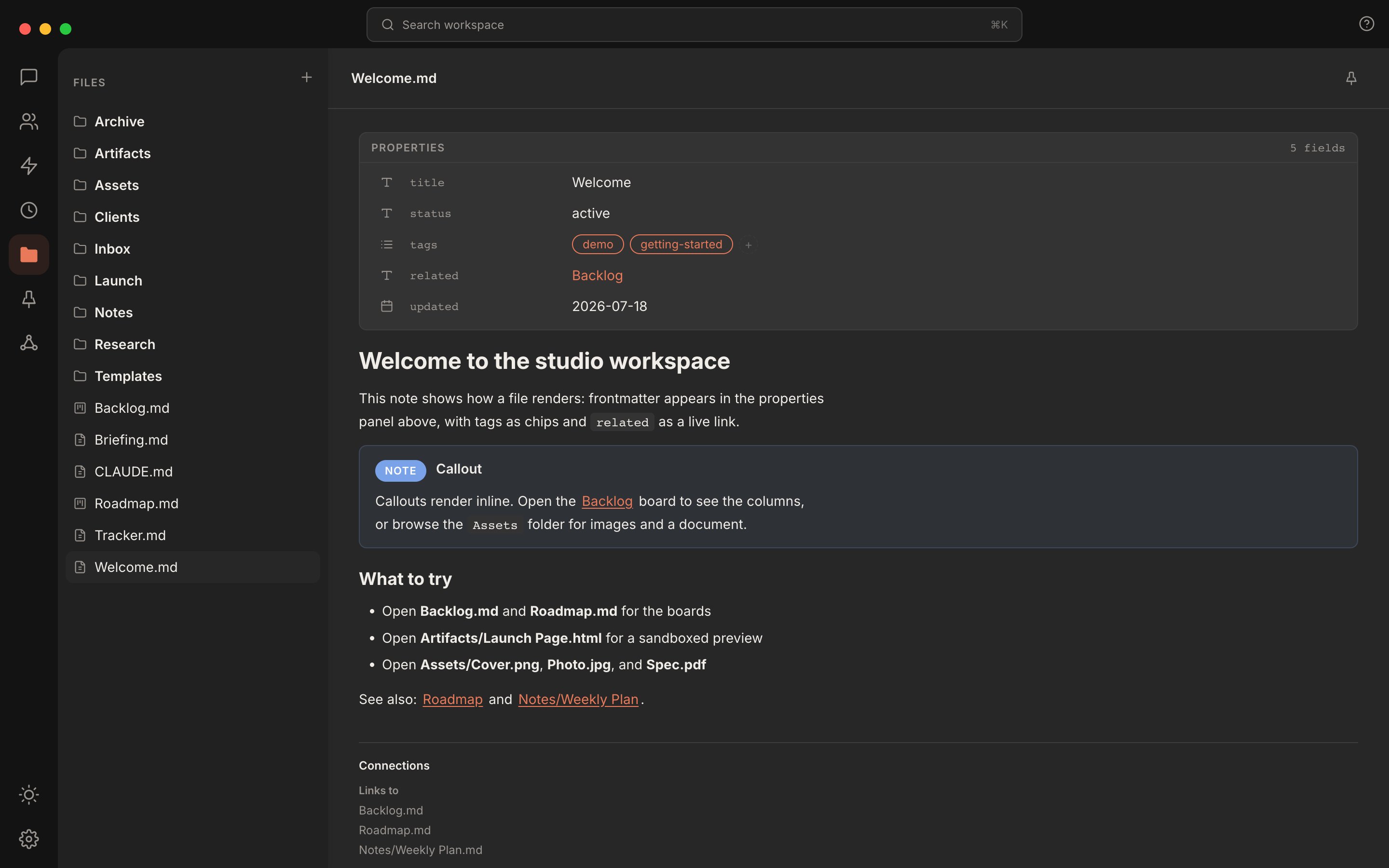 Rundock file view: a workspace file tree on the left, and a note open on the right showing a properties panel with title, status, and tags, then rendered markdown with a callout.
