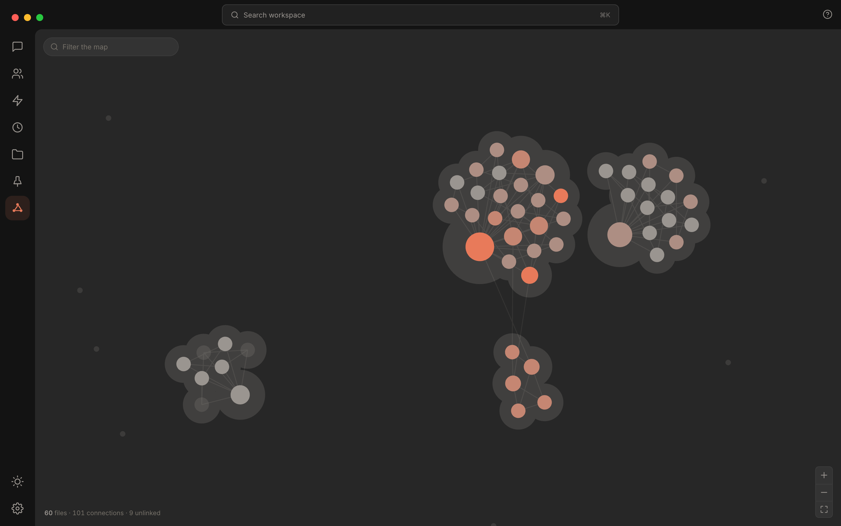 Rundock Map filling the pane: clusters of linked notes of different sizes, unlinked files scattered around the edge, warmer nodes for recently changed files, and a readout at the foot counting files, connections and unlinked files.