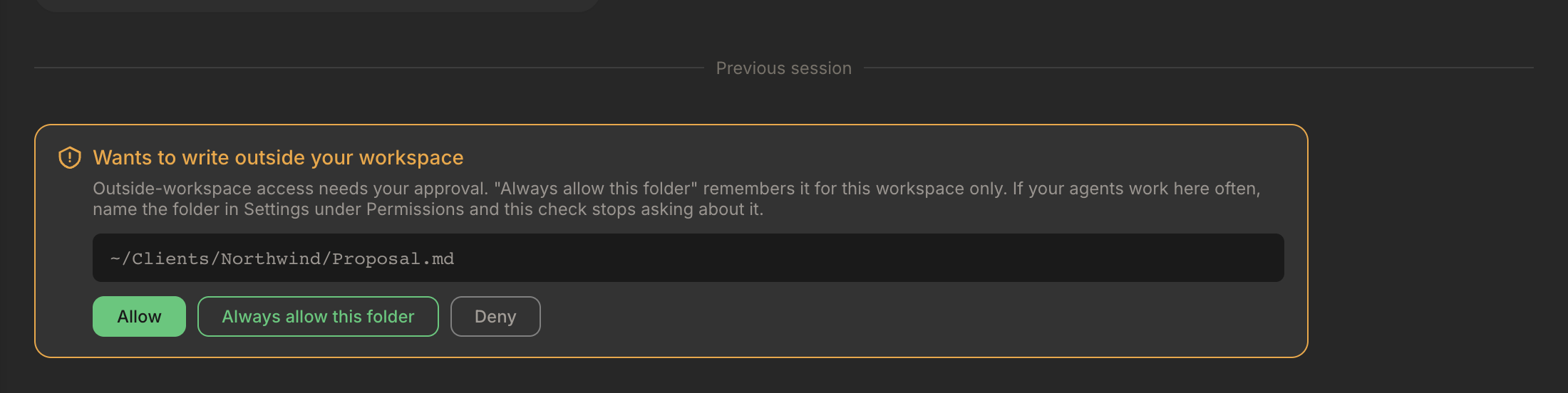 Rundock permission card in a conversation: the Content Lead asks to edit a file in a client folder outside the workspace, with Allow, Always allow this folder and Deny.