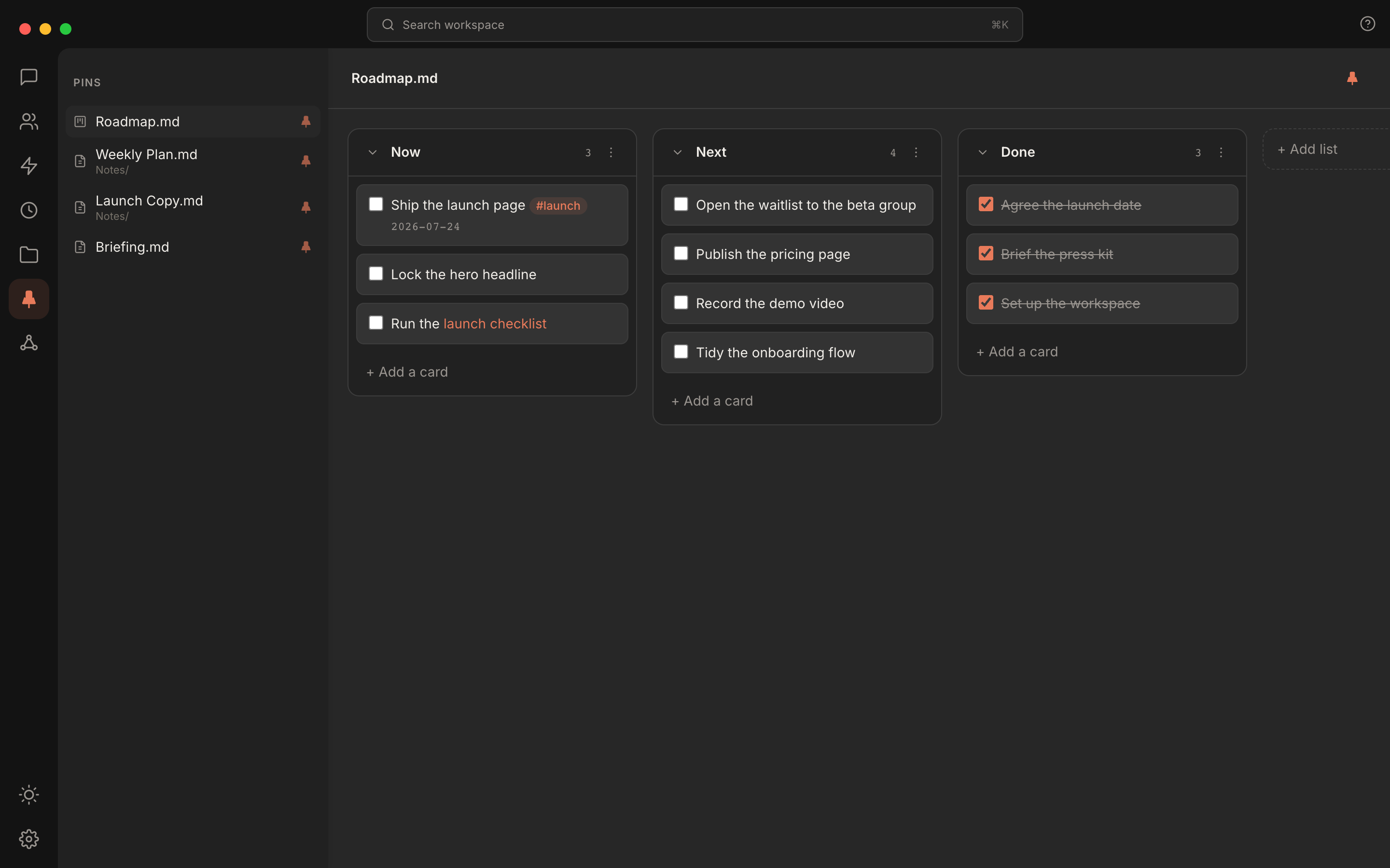Rundock Pins view: the Pins rail entry lit, four pinned files in the sidebar, two with their folder underneath, and the Roadmap Kanban board open in the main pane with Now, Next and Done columns of cards.