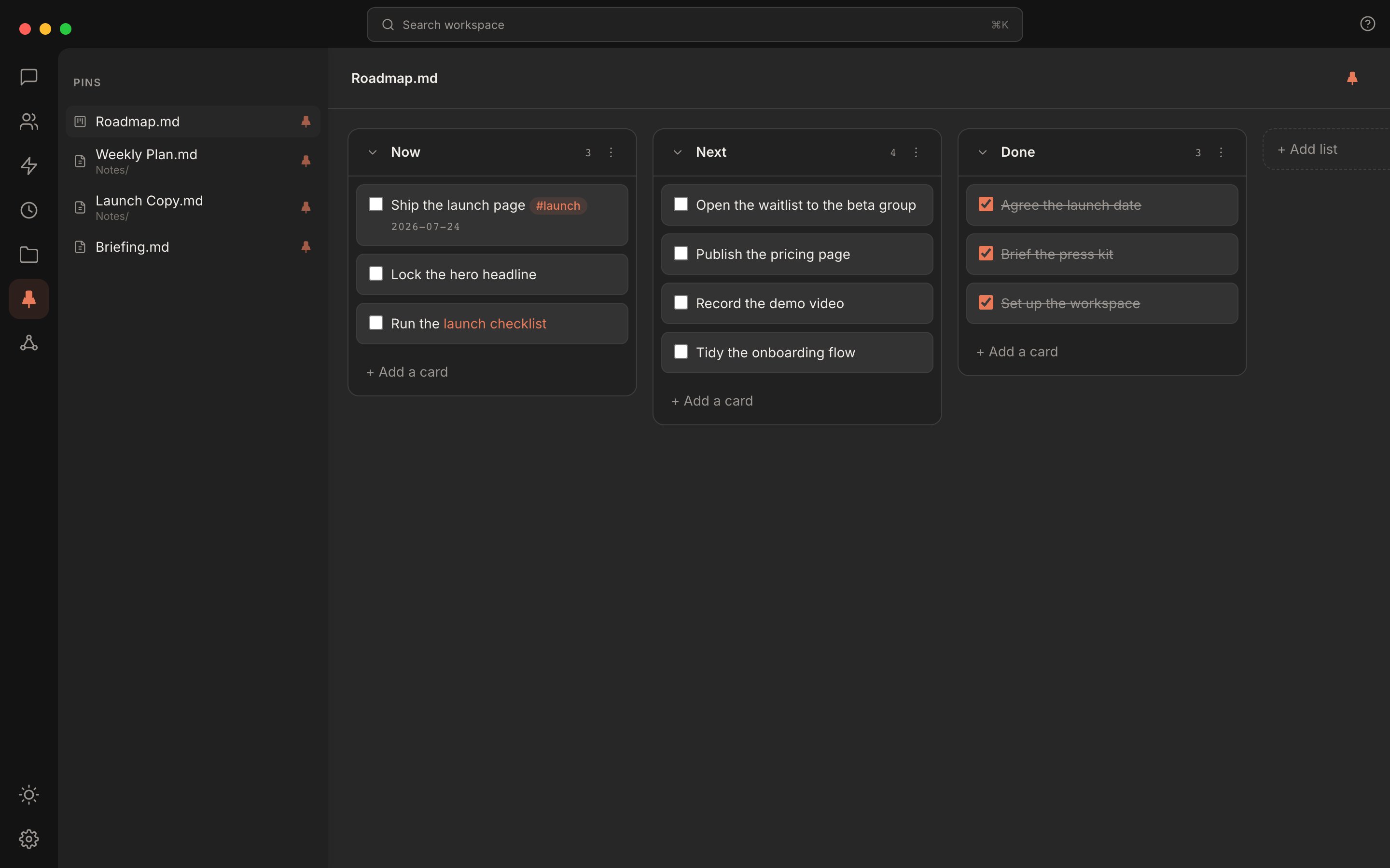 Rundock Pins view: the Pins rail entry lit, four pinned files in the sidebar, two with their folder underneath, and the Roadmap Kanban board open in the main pane with Now, Next and Done columns of cards.