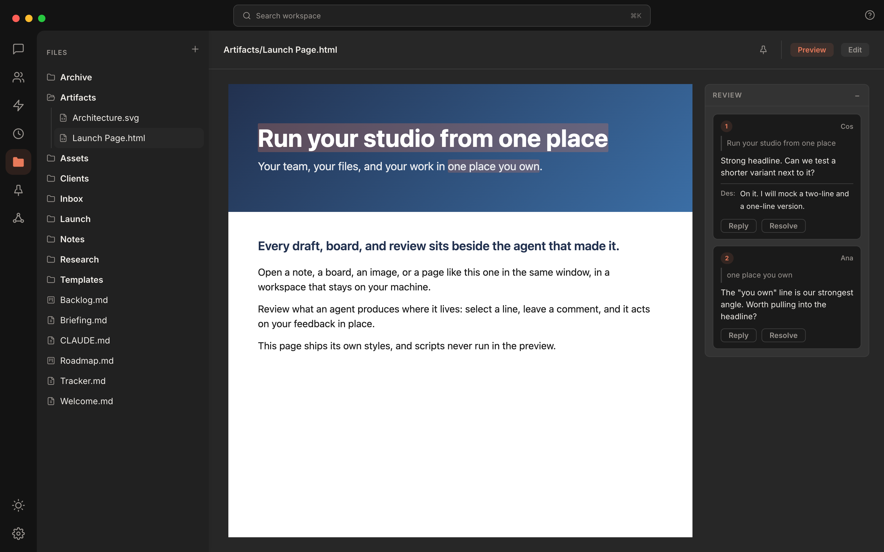 Rundock showing an HTML page rendered in the main pane with a review panel beside it holding anchored comment threads with reply and resolve controls.