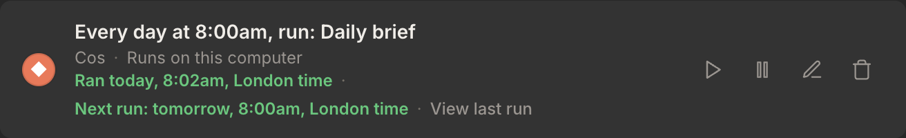One routine row in the Routines list: its schedule as a sentence, the agent's name, when it last ran and when it runs next, and the Run now, pause, edit and delete controls on the right.