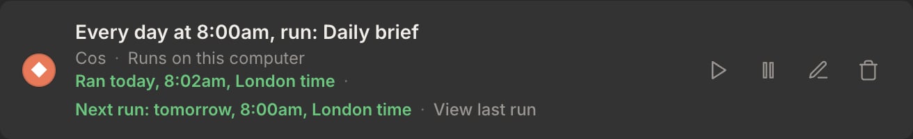 One routine row in the Routines list: its schedule as a sentence, the agent's name, when it last ran and when it runs next, and the Run now, pause, edit and delete controls on the right.