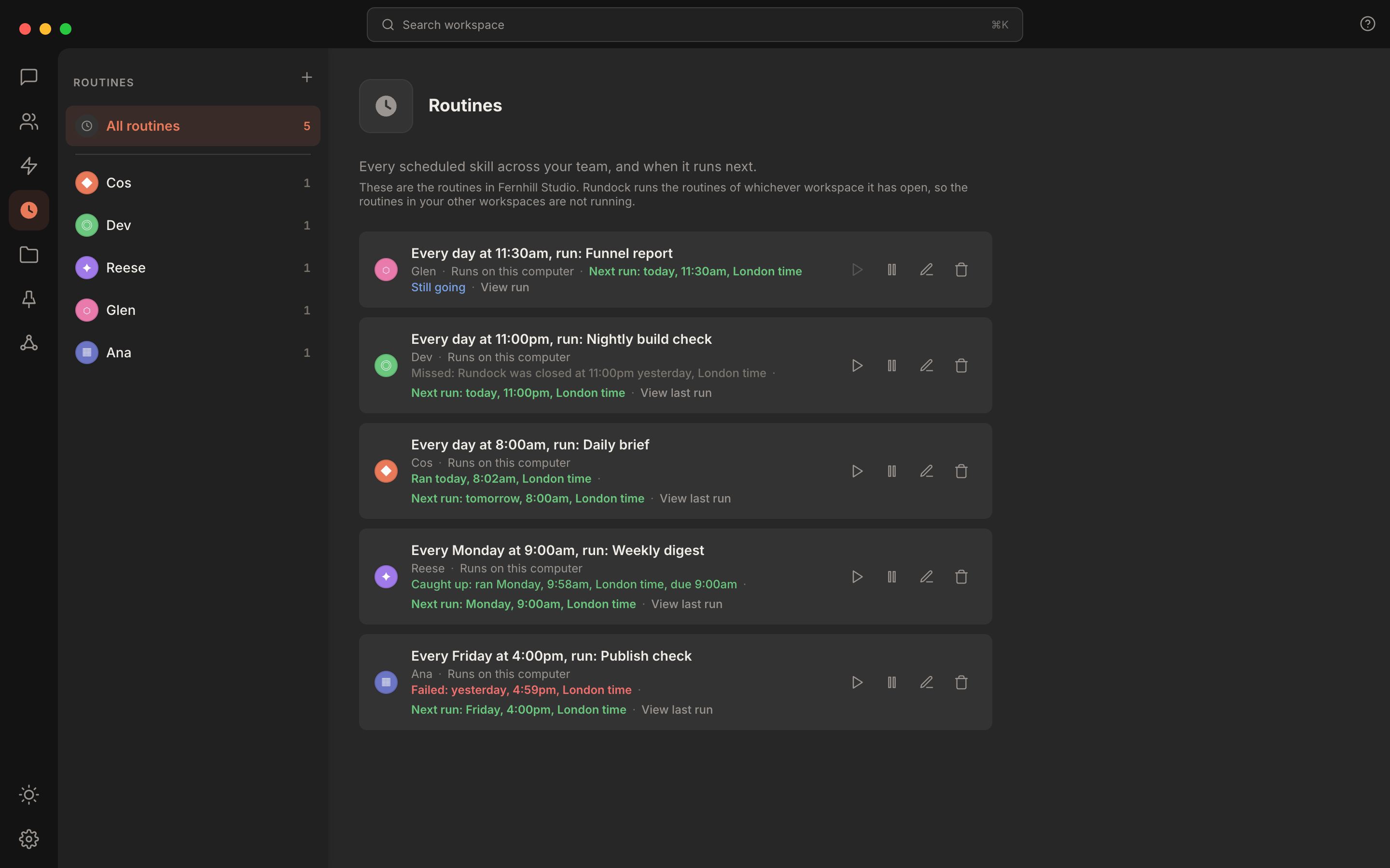 Rundock routines list showing five scheduled routines across different agents: one still going, with Run now greyed out, and others that ran on time, caught up after a missed slot, missed, and failed, each row with Run now, pause, edit and delete controls.