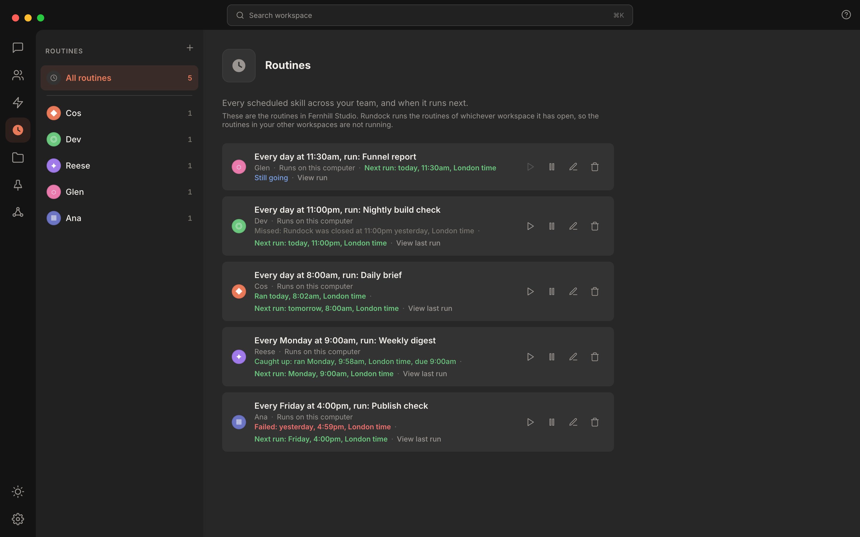 Rundock routines list showing five scheduled routines across different agents: one still going, with Run now greyed out, and others that ran on time, caught up after a missed slot, missed, and failed, each row with Run now, pause, edit and delete controls.