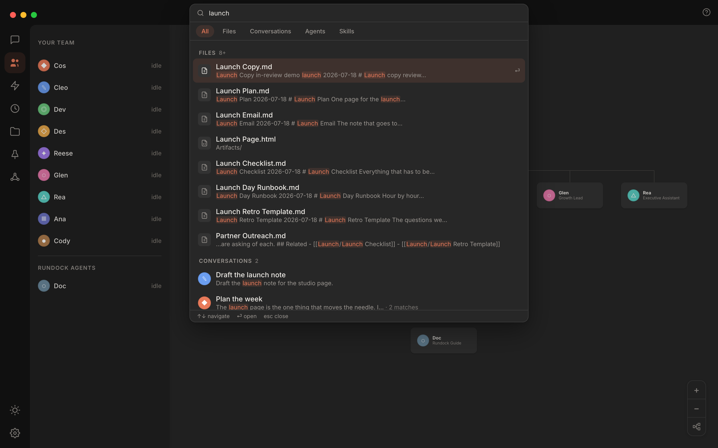 Rundock universal search palette showing a query with grouped results for files and conversations, each result highlighting the matching text and each file row carrying its type and a matching icon.
