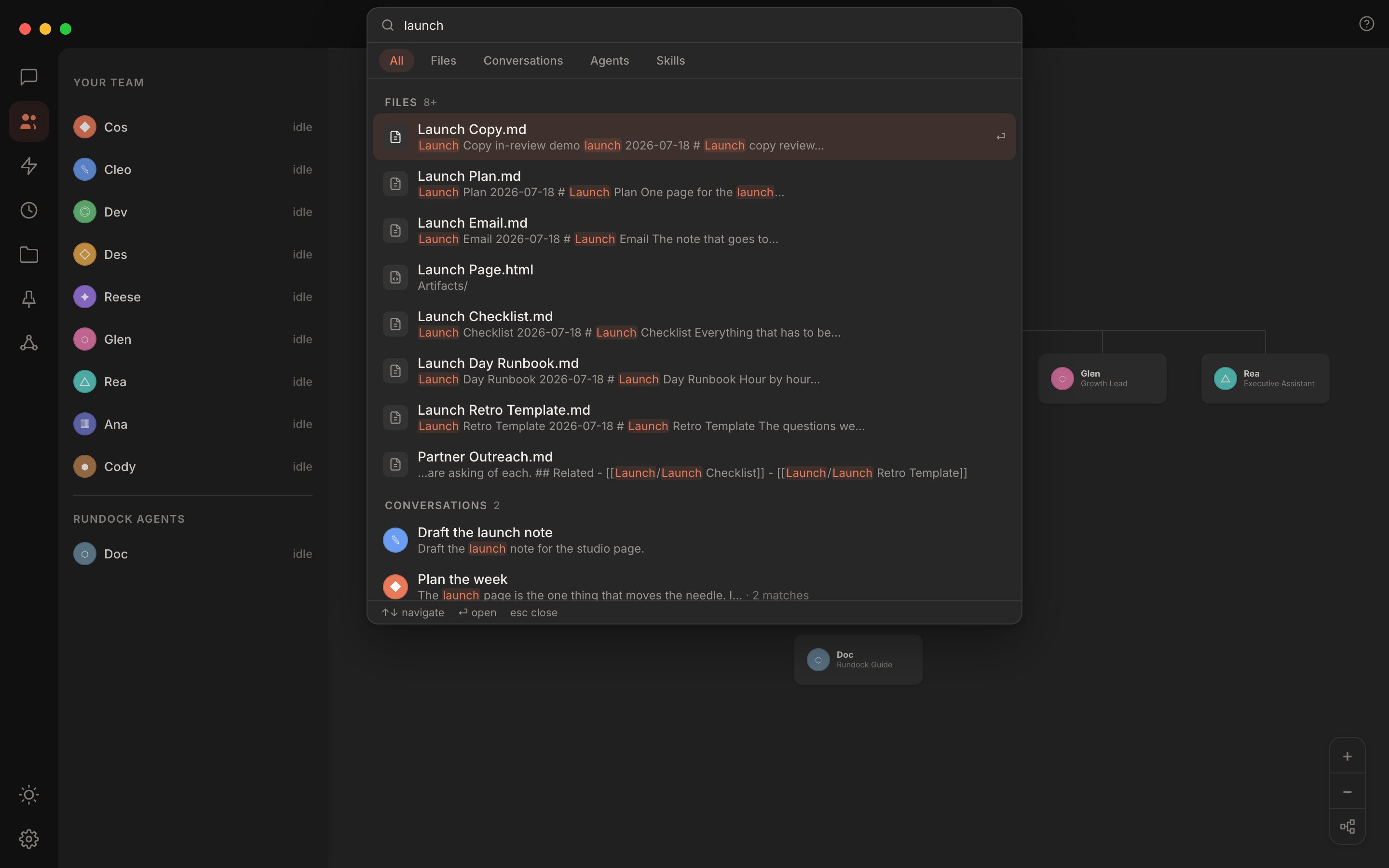 Rundock universal search palette showing a query with grouped results for files and conversations, each result highlighting the matching text and each file row carrying its type and a matching icon.
