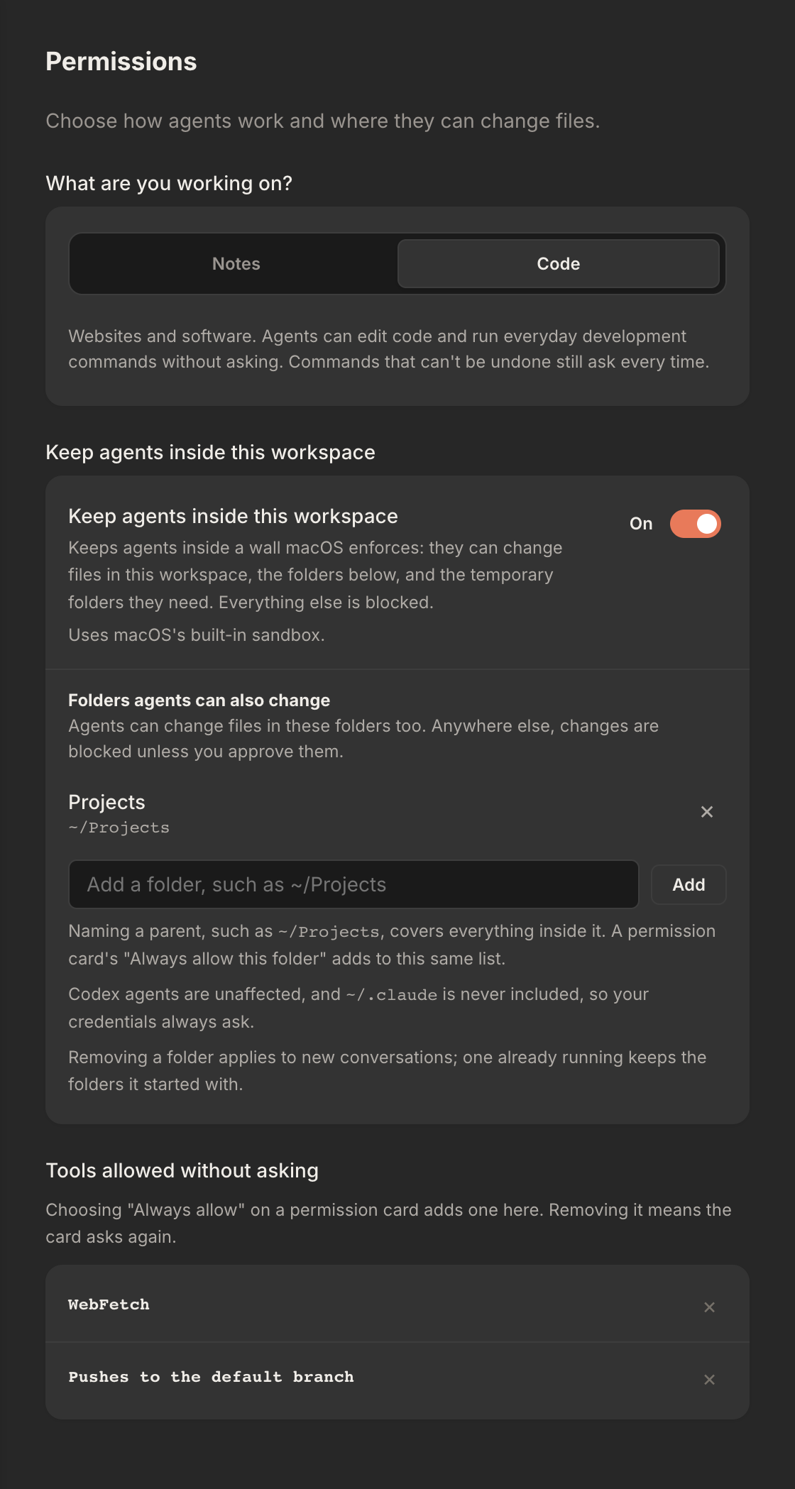 Rundock Settings open at Permissions: Code selected under What are you working on, the Keep agents inside this workspace switch on with ~/Projects listed as a folder agents can also change, and two entries under Tools allowed without asking, each with a remove control.