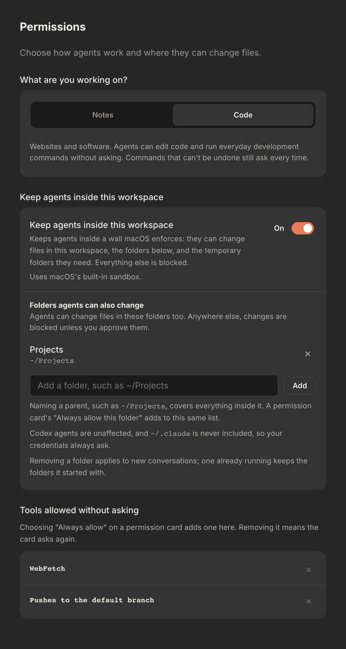 Rundock Settings open at Permissions: Code selected under What are you working on, the Keep agents inside this workspace switch on with ~/Projects listed as a folder agents can also change, and two entries under Tools allowed without asking, each with a remove control.