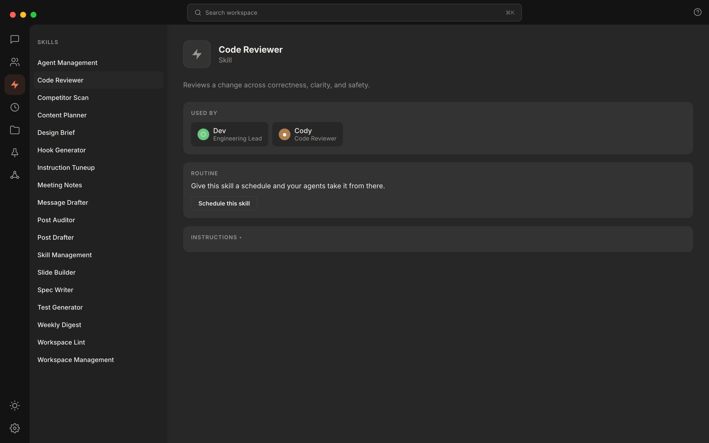 Rundock skills view showing the list of workspace skills with one skill open, its description, and the agents it is attached to.