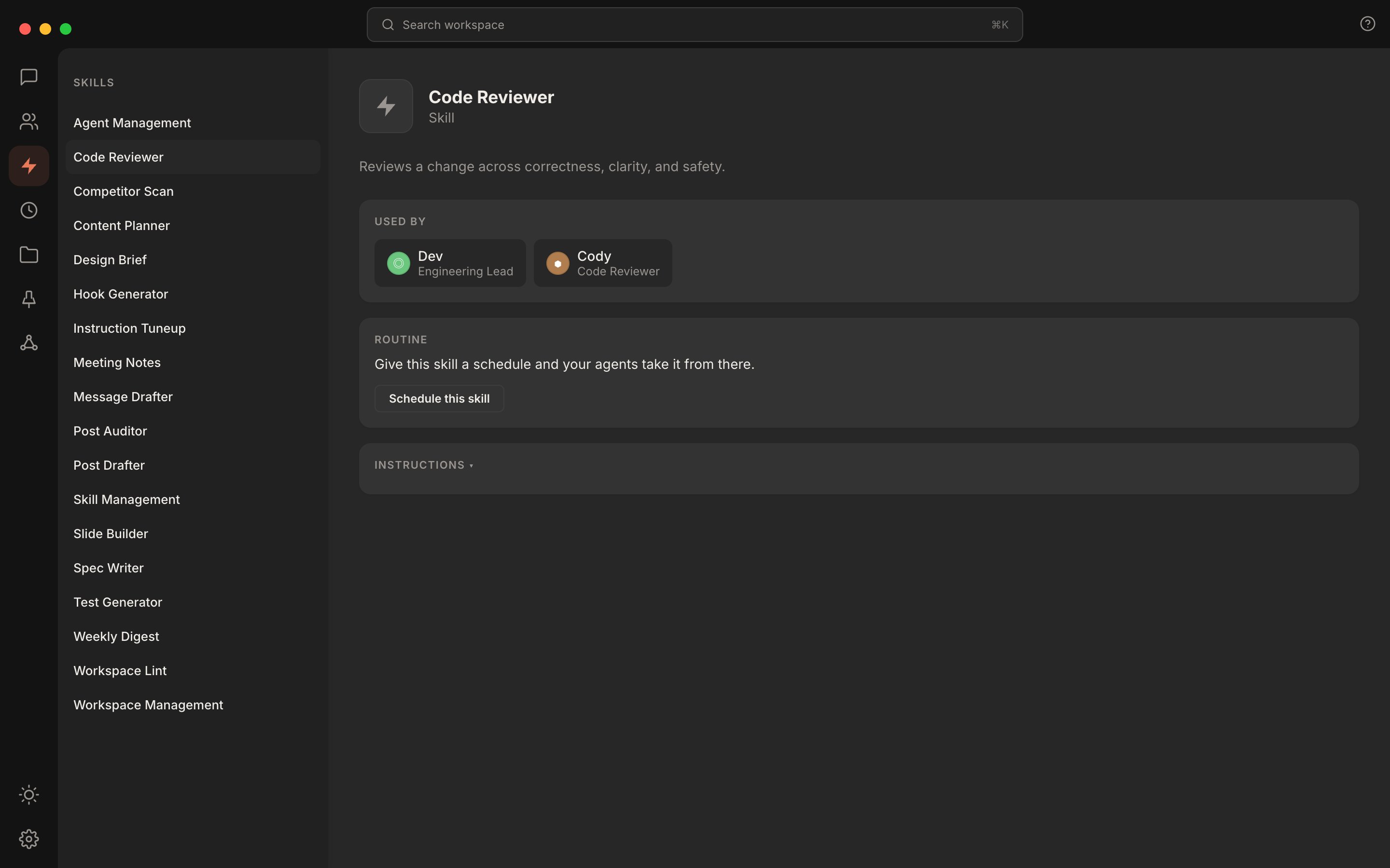 Rundock skills view showing the list of workspace skills with one skill open, its description, and the agents it is attached to.