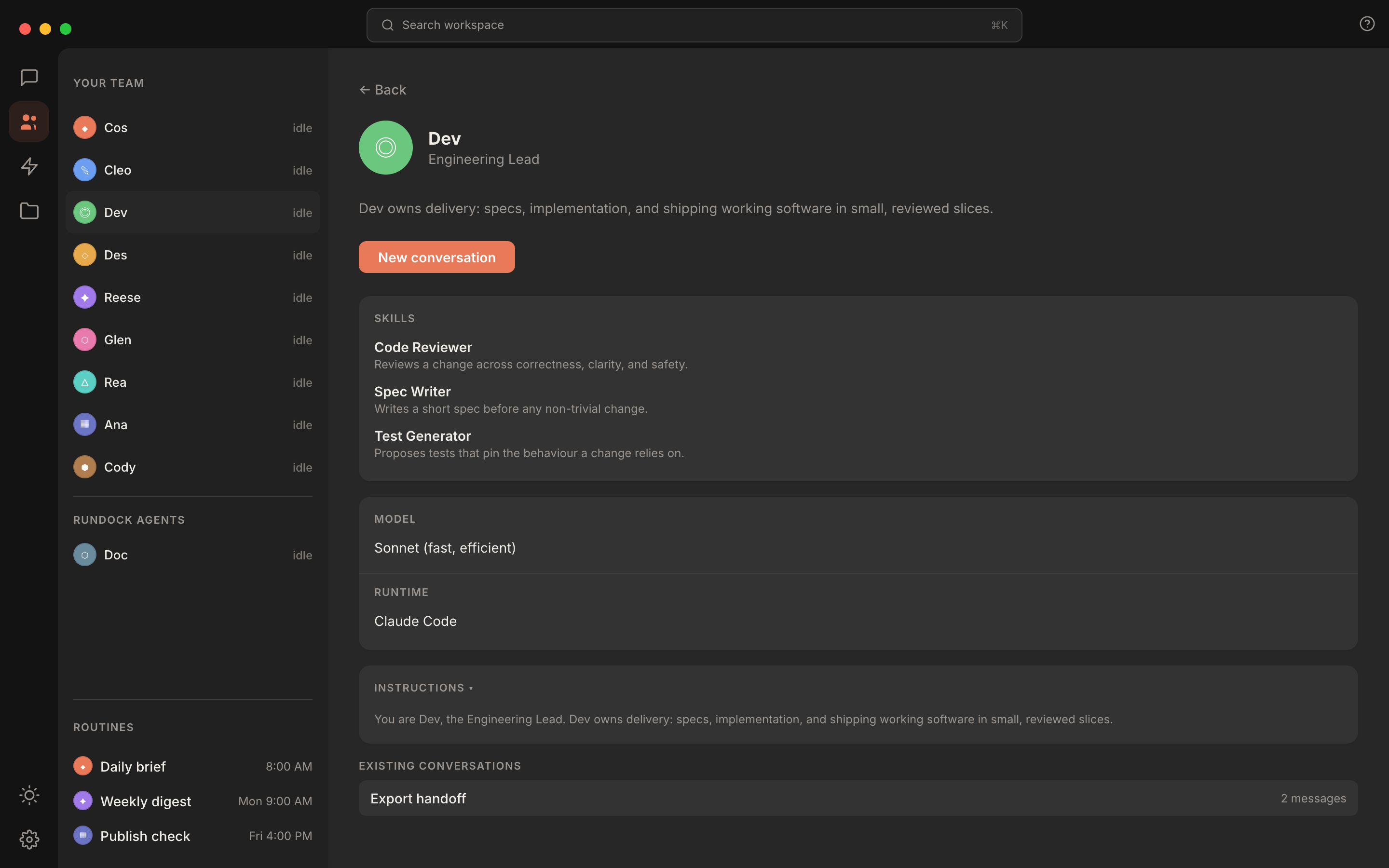 Rundock agent profile page showing an Engineering Lead's role description, assigned skills, model, runtime, instructions, and past conversations.