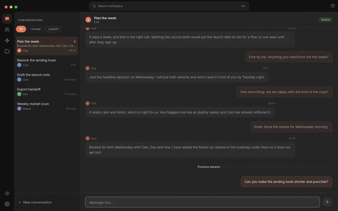 Rundock conversation: the user asks the orchestrator to shorten a landing hook, the orchestrator hands off to a Content Lead, and the Content Lead's reply streams in line by line.