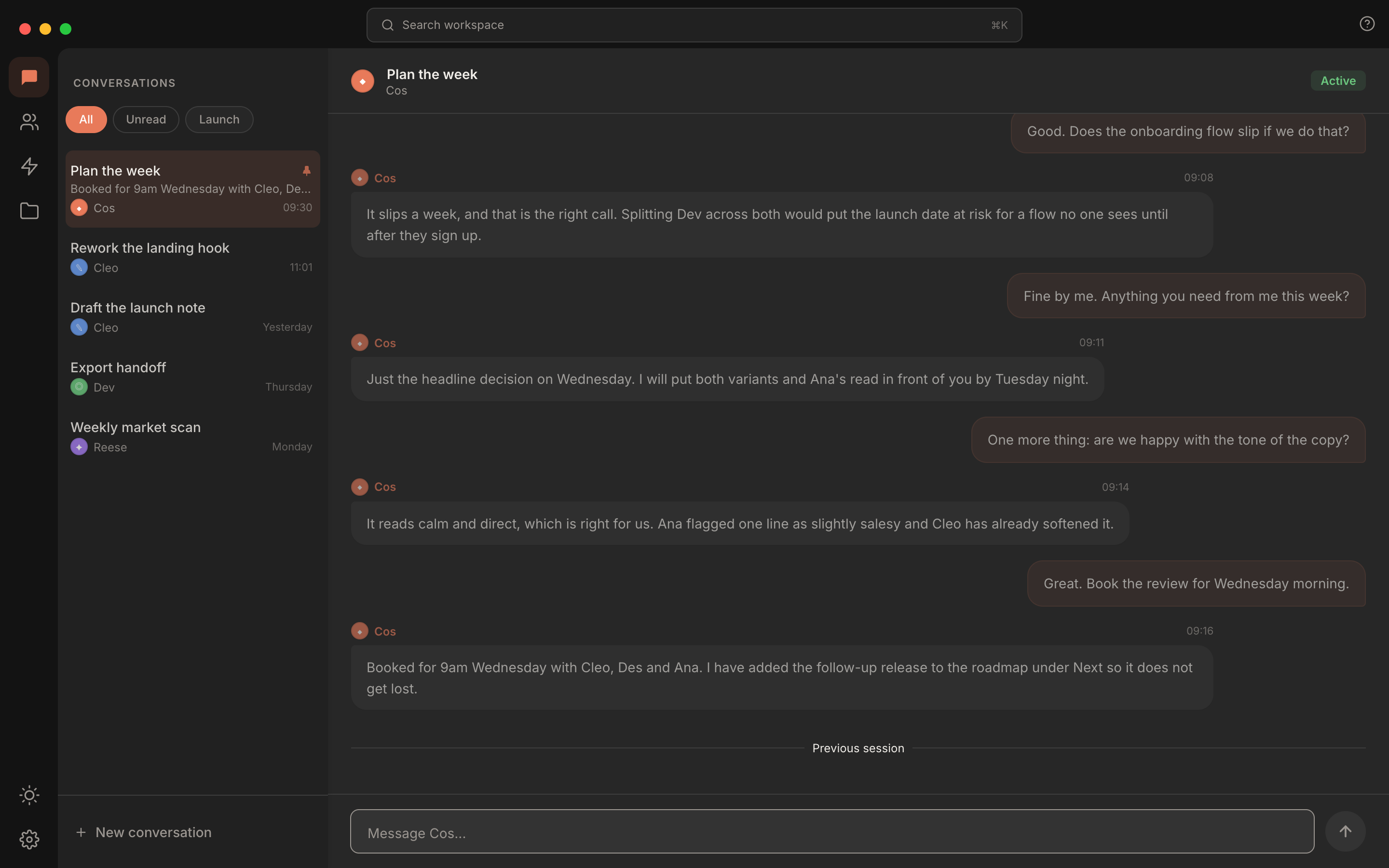 Rundock conversations view: a sidebar listing several conversations with filter pills and a pinned thread at the top, and an open conversation thread on the right.