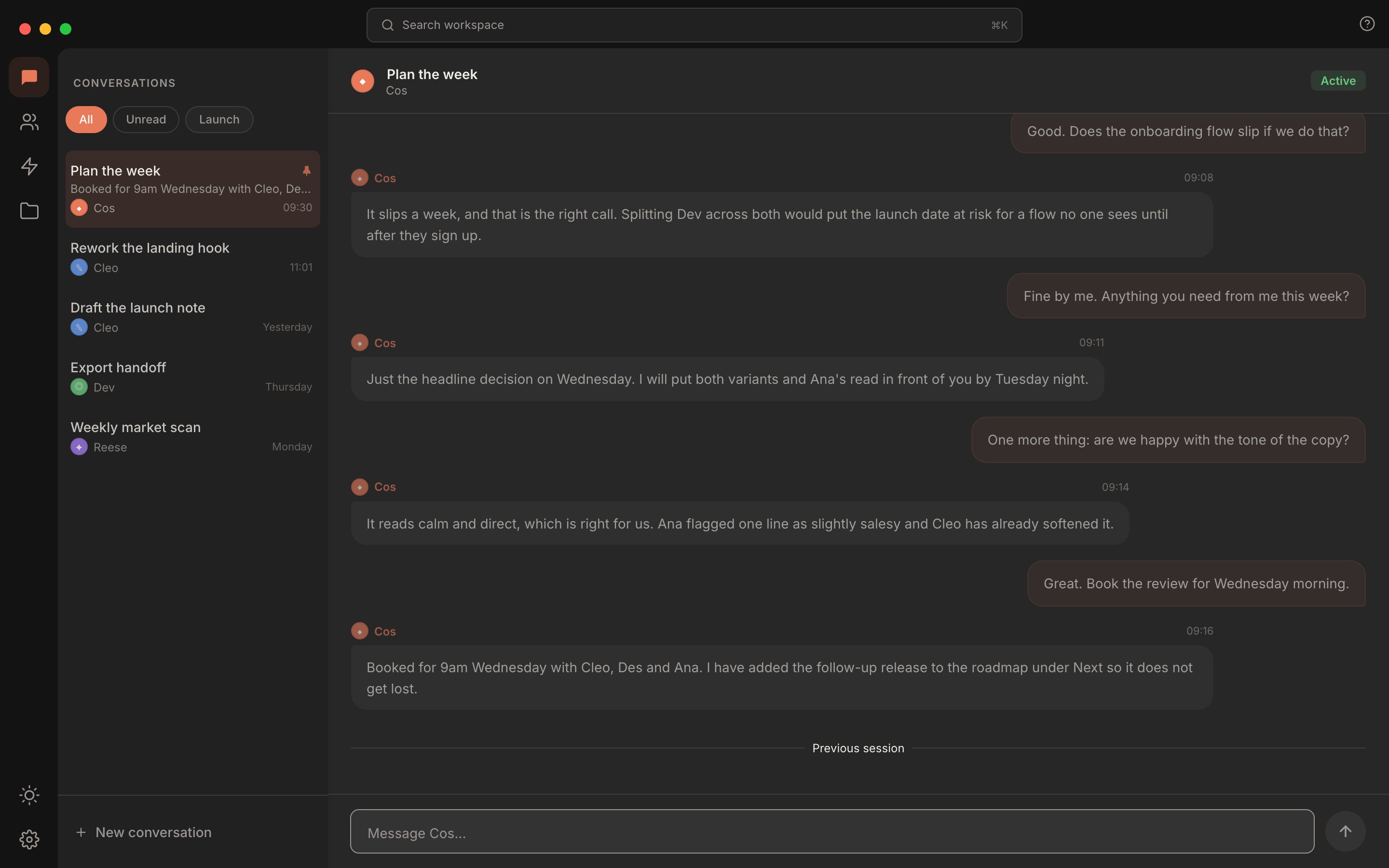 Rundock conversations view: a sidebar listing several conversations with filter pills and a pinned thread at the top, and an open conversation thread on the right.