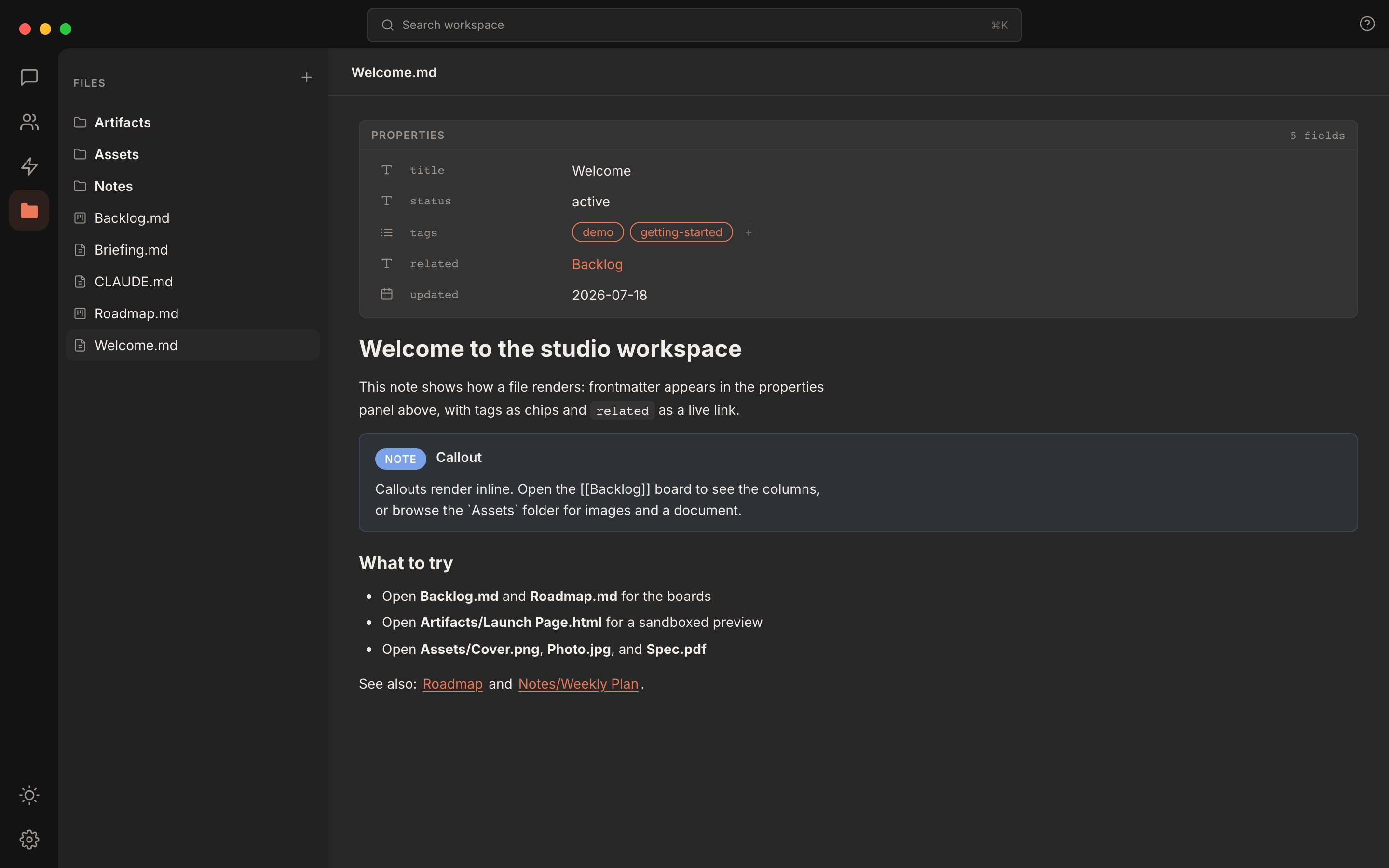 Rundock file view: a workspace file tree on the left, and a note open on the right showing a properties panel with title, status, and tags, then rendered markdown with a callout.