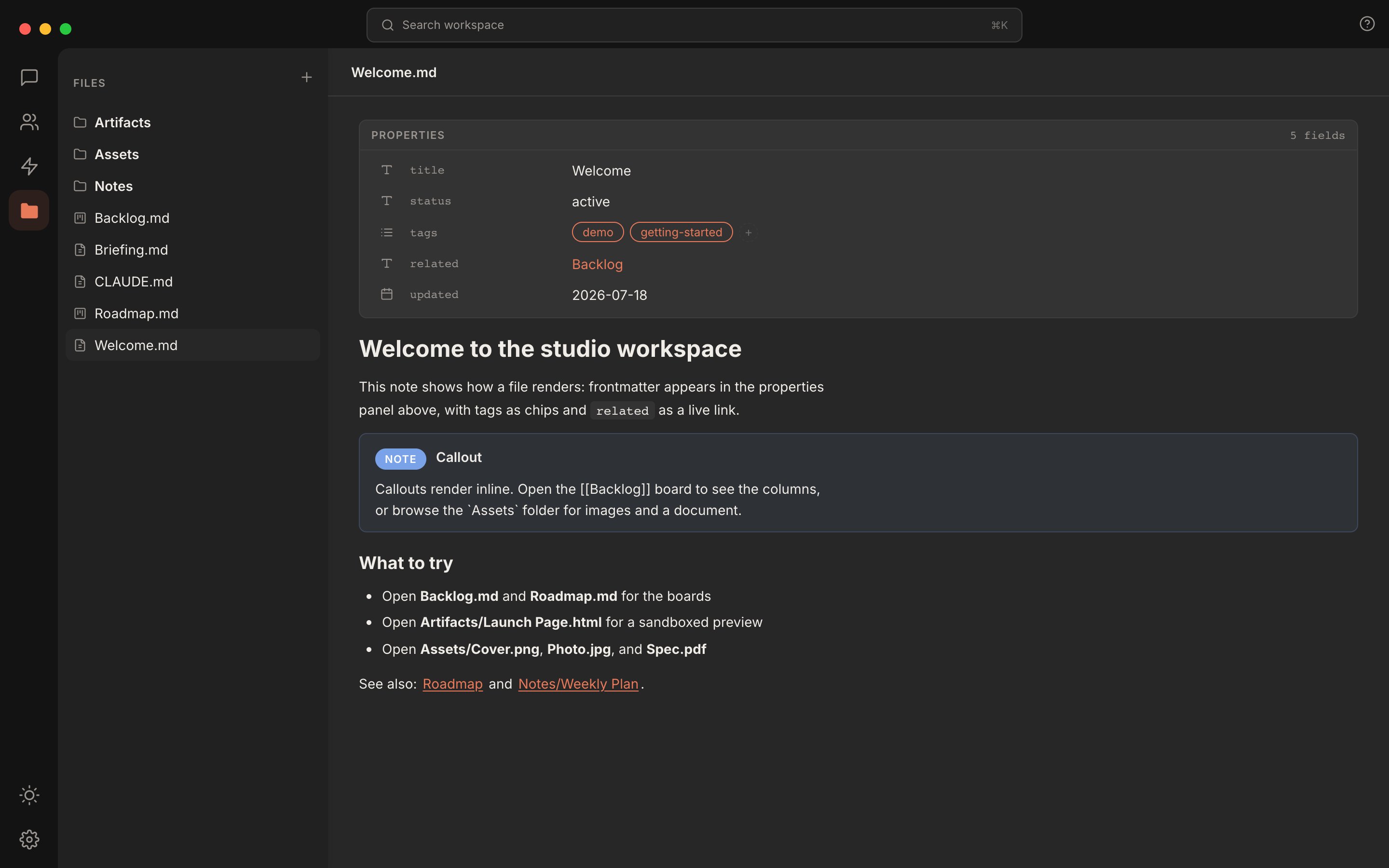 Rundock file view: a workspace file tree on the left, and a note open on the right showing a properties panel with title, status, and tags, then rendered markdown with a callout.
