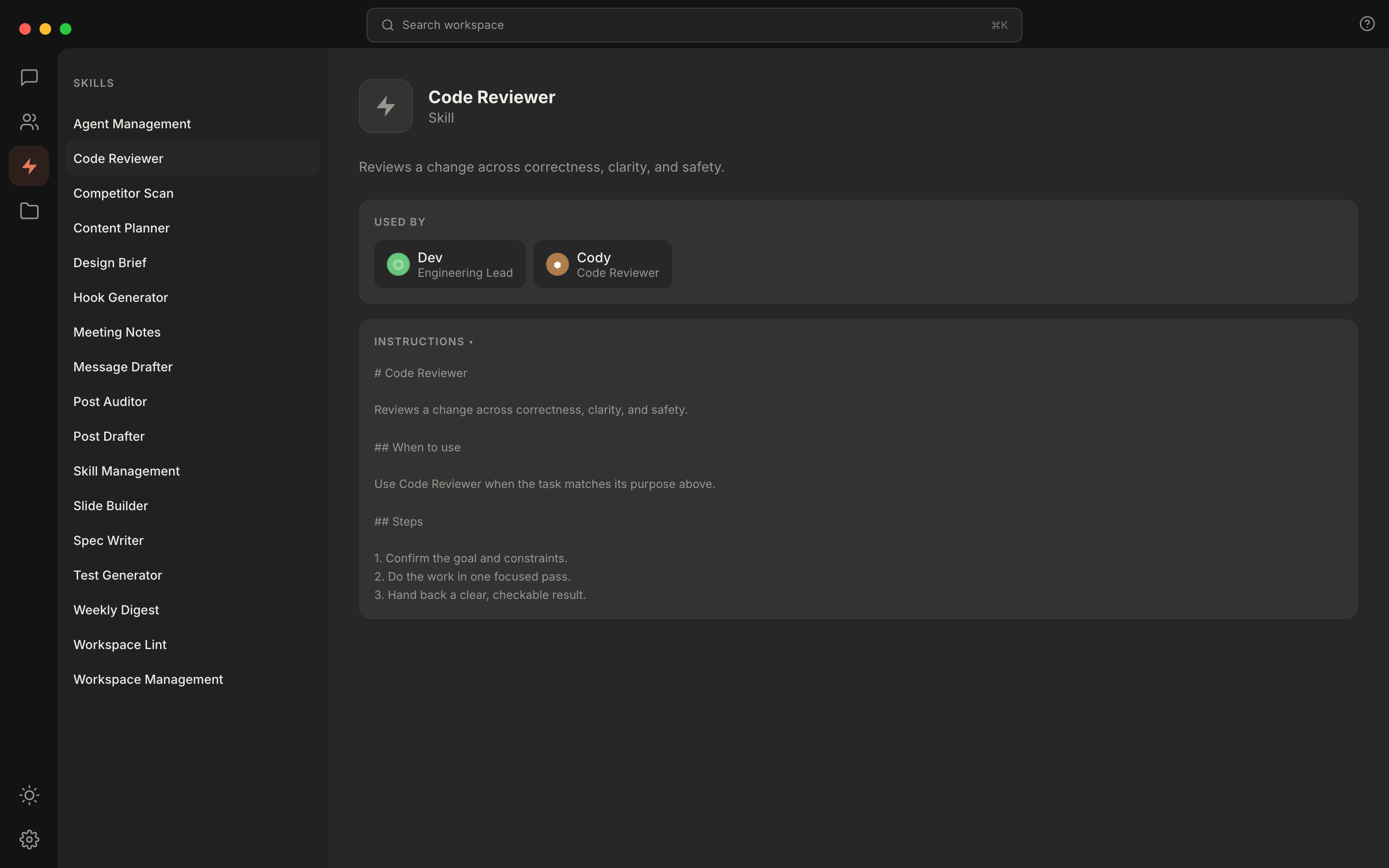Rundock skills view showing the list of workspace skills with one skill open, its description, and the agents it is attached to.
