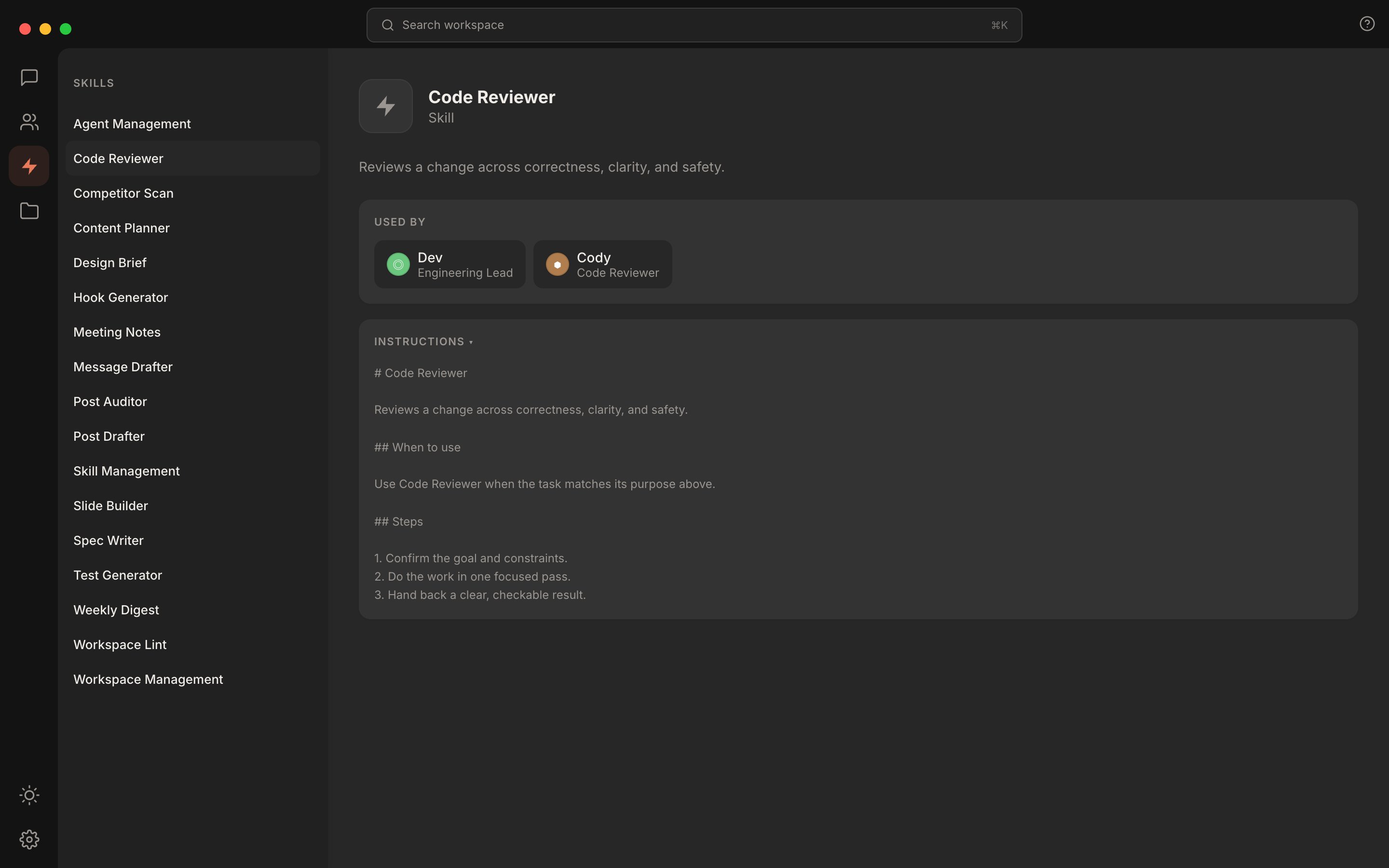 Rundock skills view showing the list of workspace skills with one skill open, its description, and the agents it is attached to.