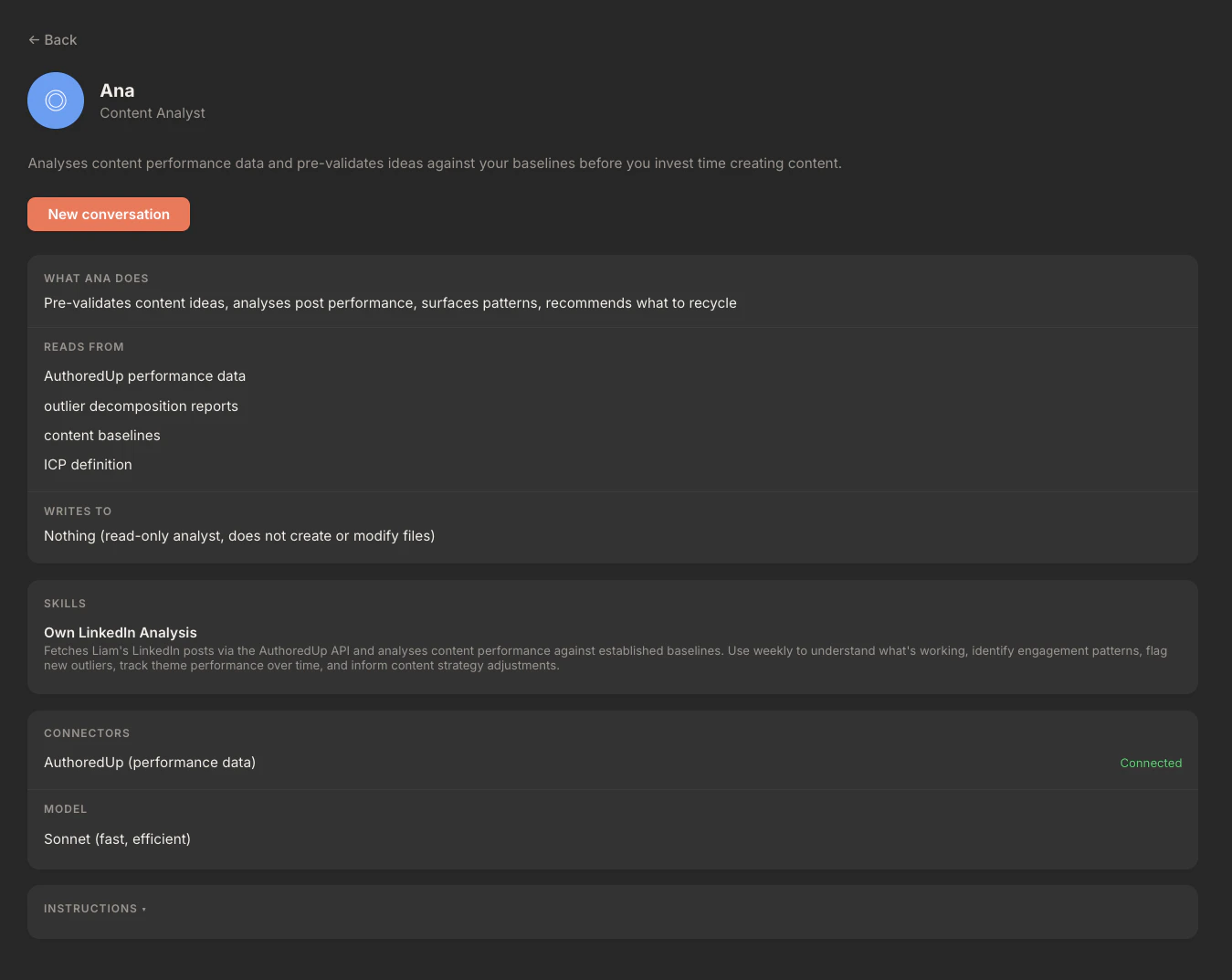 Rundock agent profile page showing role, capabilities (does, reads from, writes to), assigned skills, connectors, model, and instructions section for Ana the Content Analyst.