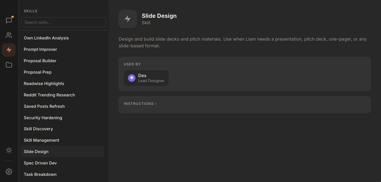 Rundock skills sidebar with the Slide Design skill open, showing the description and the Used By panel listing Des as the assigned agent.