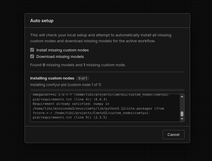 The Auto setup modal mid-run, reporting '0 missing models and 1 missing custom node', an 'Installing custom nodes 0 of 1' progress bar, and a scrolling log of pip install output.