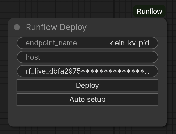 The Runflow Deploy node in ComfyUI with endpoint_name, host, and api_key widgets, and Deploy and Auto setup buttons below them.