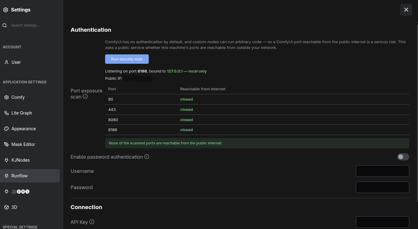 Port exposure scan results reading 'Listening on port 8188, bound to 127.0.0.1 - local only', a table of ports 80, 443, 8080, and 8188 all marked closed, and a green banner: 'None of the scanned ports are reachable from the public internet.'